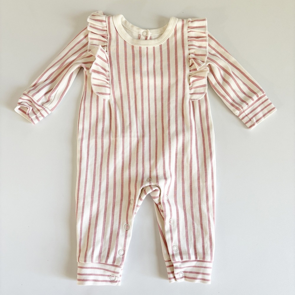 Pehr Baby Girls Organic Cotton Stripes Away Peony Ruffle Cottagecore Romper 3-6M